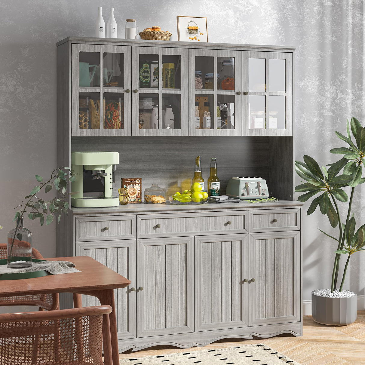 Homsee Large Kitchen Pantry Storage Cabinet with Glass Doors & Hutch, 75.9" Kitchen Buffet Cabinet Cupboard with Drawers and Multi-Tier Shelves for Dining Room, Living Room, Grey Homsee