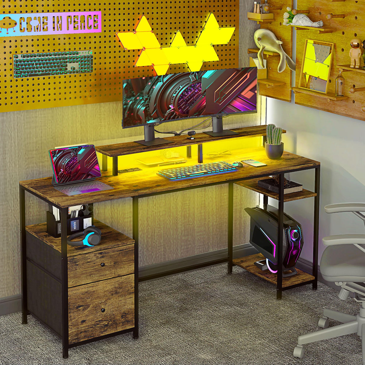 HOMCOM 61" Computer Desk with LED Lights, Power Outlets, and USB Ports, Gaming Desk with Storage Shelves, Monitor Stand, Fabric Drawers & Remote for Home Office Study, Rustic Brown HOMCOM