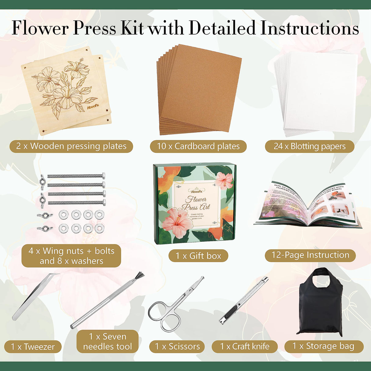 Aboofx Flower Press Kit, Craft Kits 11"x11" 10 Layers Wooden Flower Pressing Kit for Crafts Pressed Flowers and Plant for DIY Art, Preservation for Bookmark Frame Wedding Flower Drying Aboofx