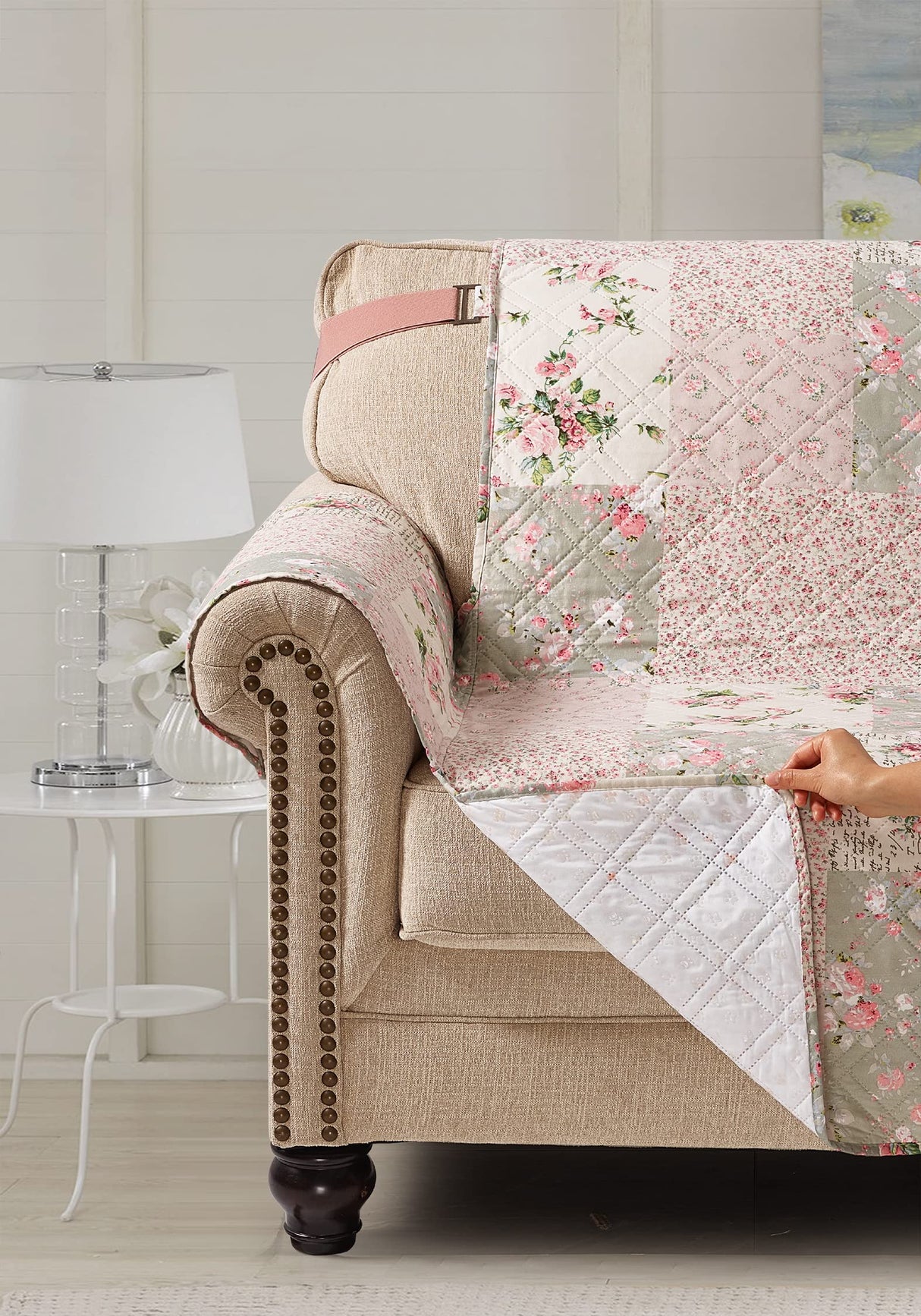 Brilliant Sunshine Traditional Rose and Sage Patchwork Quilted Chair Slipcover, 23" Seat Width, Slip Resistant Furniture Protector, 2" Strap, Washable Armchair Cover for Kids, Dogs, Cats, Rose Sage Brilliant Sunshine