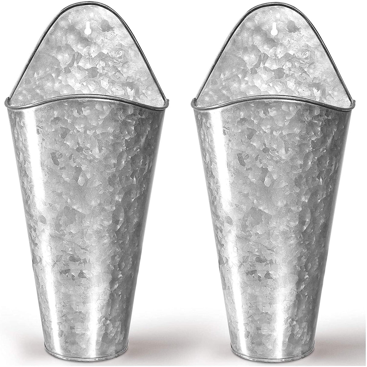 Hallops Galvanized Wall Planters - Two (2) Large Premium. Farmhouse Metal Hanging Vase. Rustic Decor. Tall Container for Easter Flowers or Planets. Tin Style Bucket or Pocket Hallops