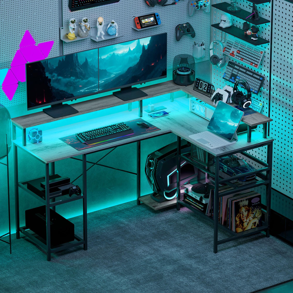HOMCOM L Shaped Desk with LED Lights and Power Outlets, 59" Gaming Desk with Monitor Stand and Storage Shelves, Corner Computer Desk for Home Office, Small Space, Distressed Gray HOMCOM