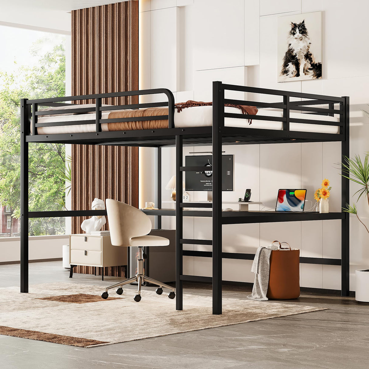 KEIKI Metal Queen Size Loft Bed with Power Outlet and LED Lighted, Space-Saving, Noise Reduced, Black KEIKI