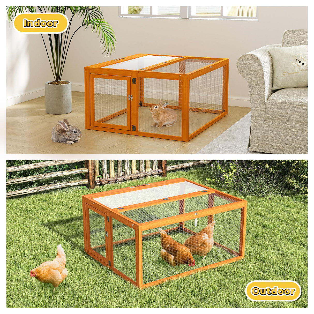 Nyeekoy Portable Chicken Coop with UV-Proof Panel, 4X Garden Stakes, Wooden Rabbit Hutch, Chicken Brooder Box Indoor, Outdoor Folding Chicken Cage, Top & Side Openable Doors, 45.3Inch (Orange) Nyeekoy