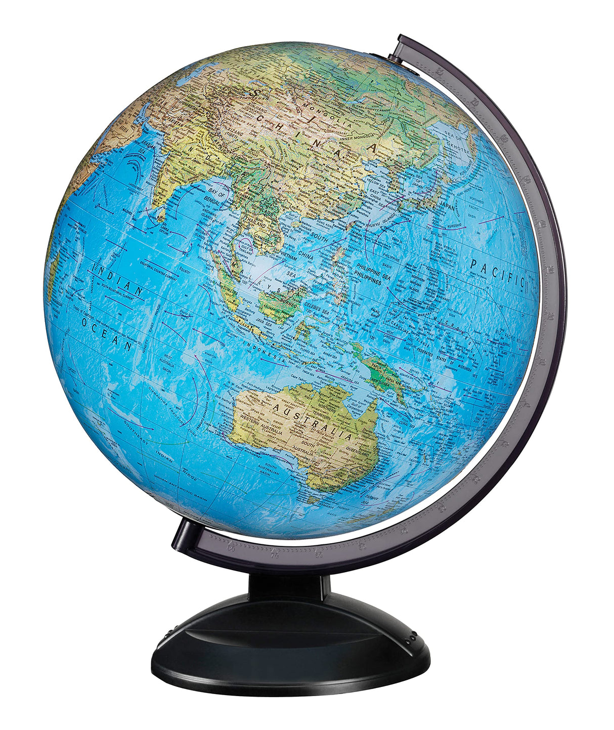 Replogle Ready to Assemble World 12" Diameter Globe, USA Cartography, Modern Acrylic Globe Stand and Blue Ocean Globe Ball. Easy to assemble globe that shows both Political and Vegatative information including political borders and provincial borders, maj Replogle