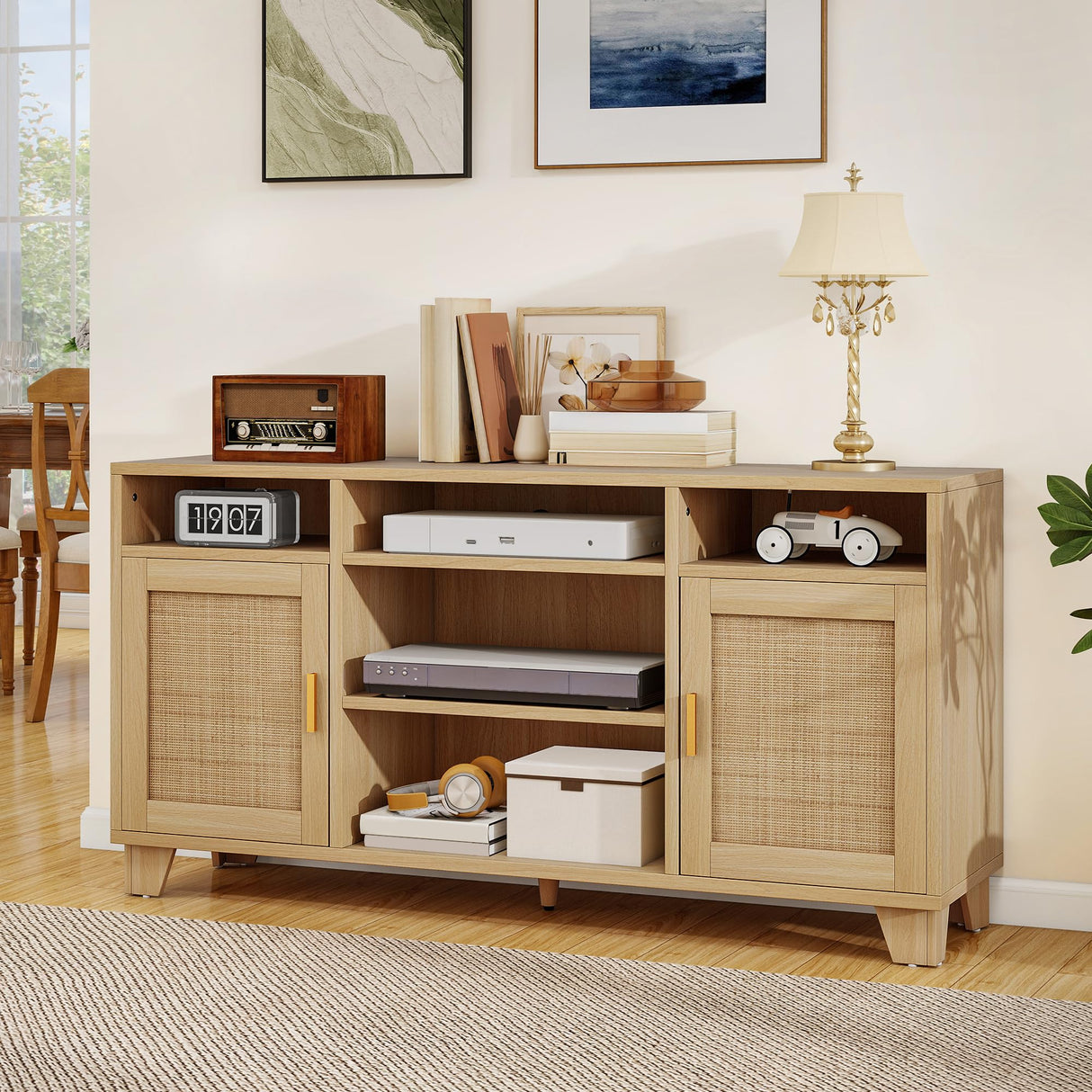 YITAHOME TV Stand for 65 Inch TV, Boho Entertainment Center with Rattan Doors, Storage Cabinets and Open Shelves, Long Boho Media Console for Living Room YITAHOME