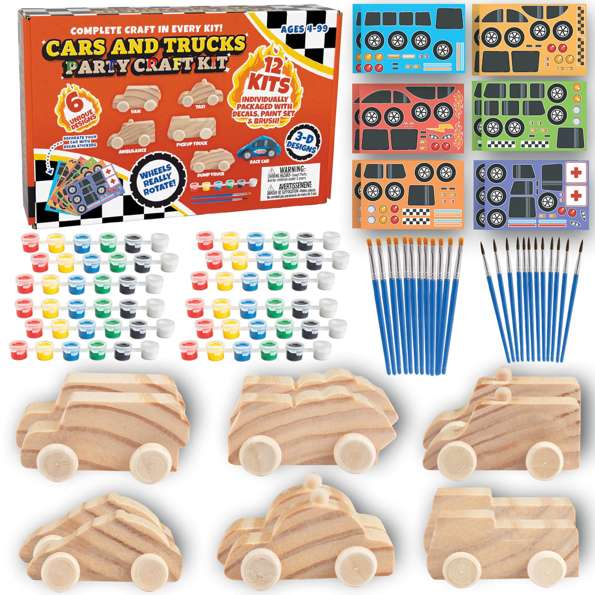 Kids Party Wood Painting Craft Kits (12ct) 3-D Cars - Each Kit Has its Own Brush, Paint, & Figure- 6 Designs Include Taxi, Trucks & More w Bonus Customizable Sticker Decals- Summer Camp Party Activity SCS Direct