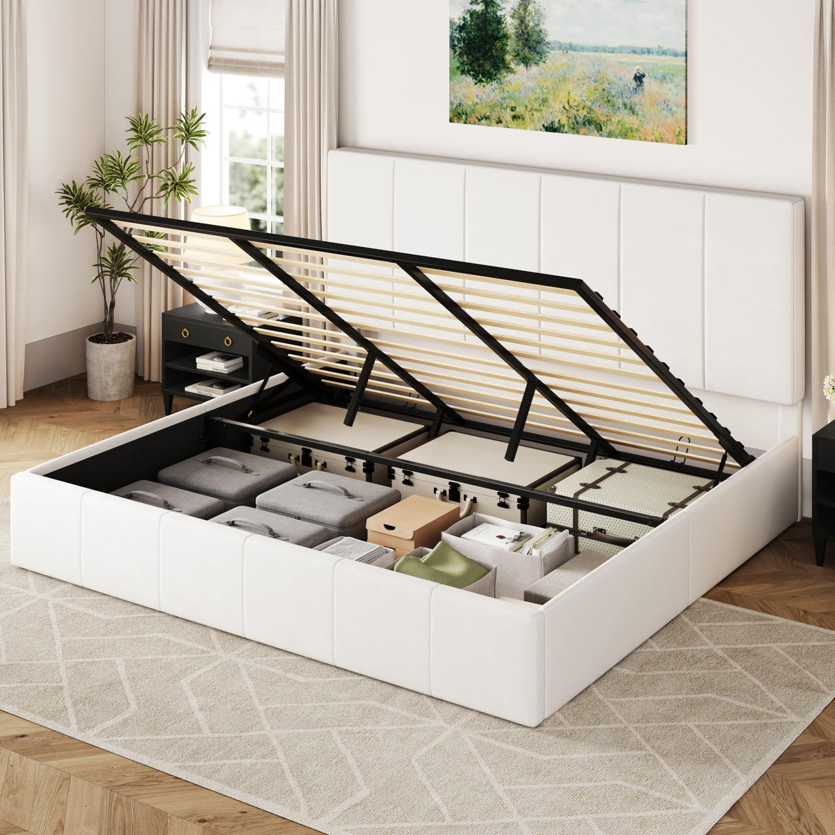 Allewie King Size Velvet Lift Up Storage Bed Frame, Vertical Channel Tufted Headboard, Hydrualic Underneath Storage, Upholstered Platform Bed, Wooden Slats Support, No Box Spring Needed, White Allewie