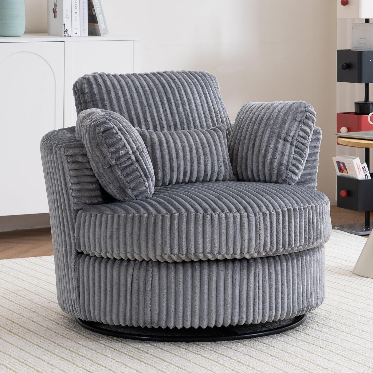YABTOP Oversized Swivel Accent Barrel Chair with Pillows,Modern Round Plush Cuddler Reading Chair Comfy for Bedroom Living Room,Corduroy Gray YABTOP