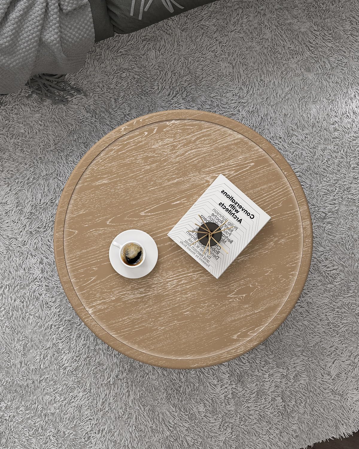 VONLUCE Farmhouse Coffee Table,30'' Round French Country Coffee Table,Distressed Wood Tray Top Vintage Coffee Table with Storage Shelf for Living Room Dining Room Bedroom,Small Space,Beige VONLUCE