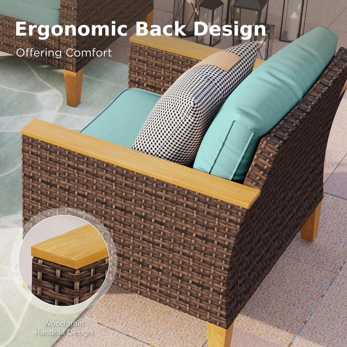 PHI VILLA 7-Piece Half Moon Patio Furniture Set with 56" Fire Pit Table, Outdoor Wicker Sectional Sofa with Cushions, Large Curved Conversation Seating for Garden or Backyard, Aqua Blue PHI VILLA