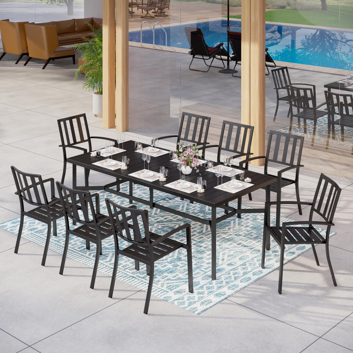 MFSTUDIO Outdoor Dining Set for 8, Patio Table and Chairs Set with Umbrella Hole, 9 Piece Metal Patio Dining Sets, Outdoor Patio Furniture Set for Deck Backyard Poolside Garden MFSTUDIO