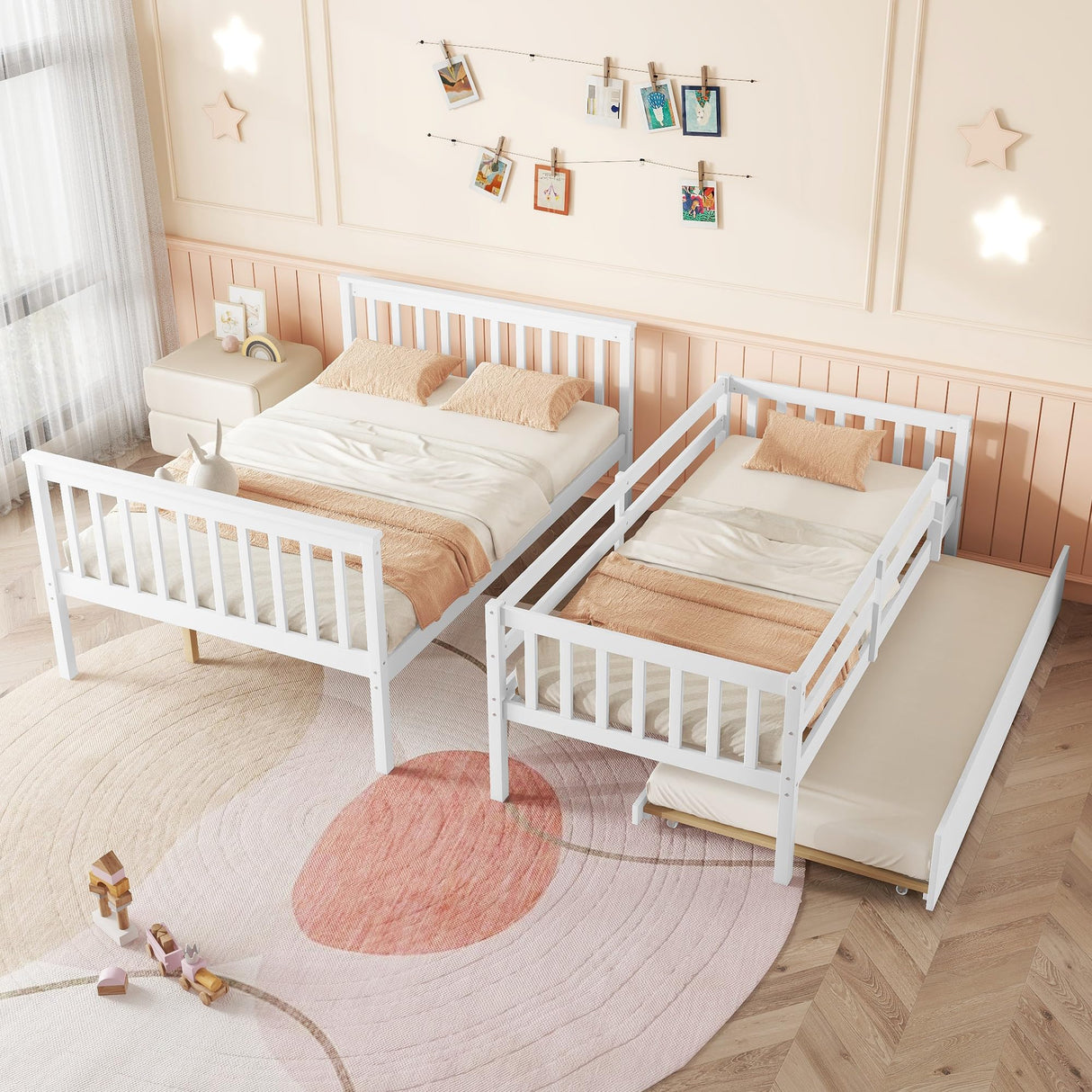 WIILAYOK Twin Over Full Bunk Bed with Trundle, Convertible to 2 Platform Bed, Twin and Full Size Bunk Bed with Ladder and Safety Rails for Kids, Teens, Adults, White WIILAYOK