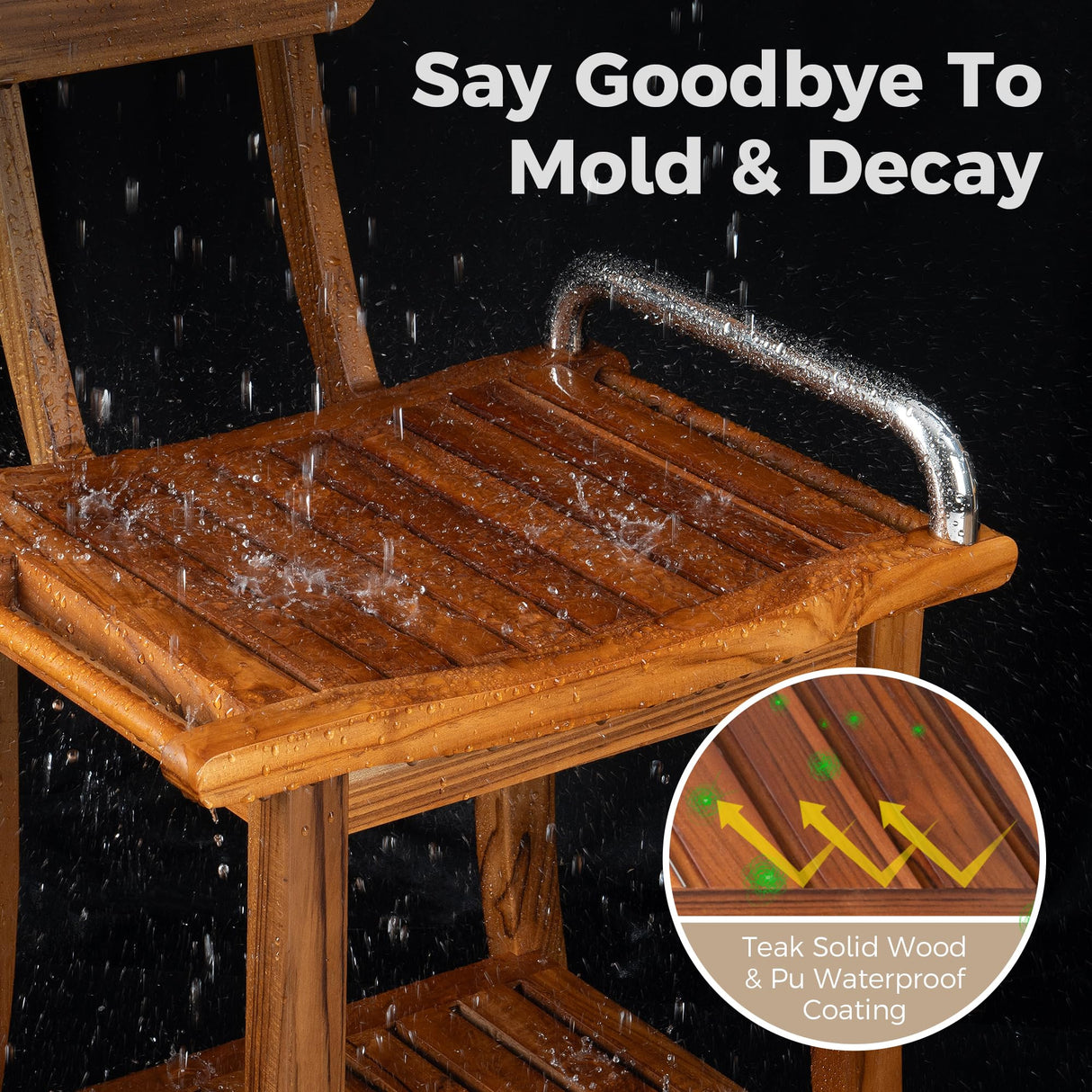 Fun Memories Teak Shower Bench Seat with Handles and Backrest, 19" Solid Wood Shower Stool Waterproof Shower Seat with Storage for Inside Shower Legs Shaving, Seniors Elderly Heavy Duty Fun Memories