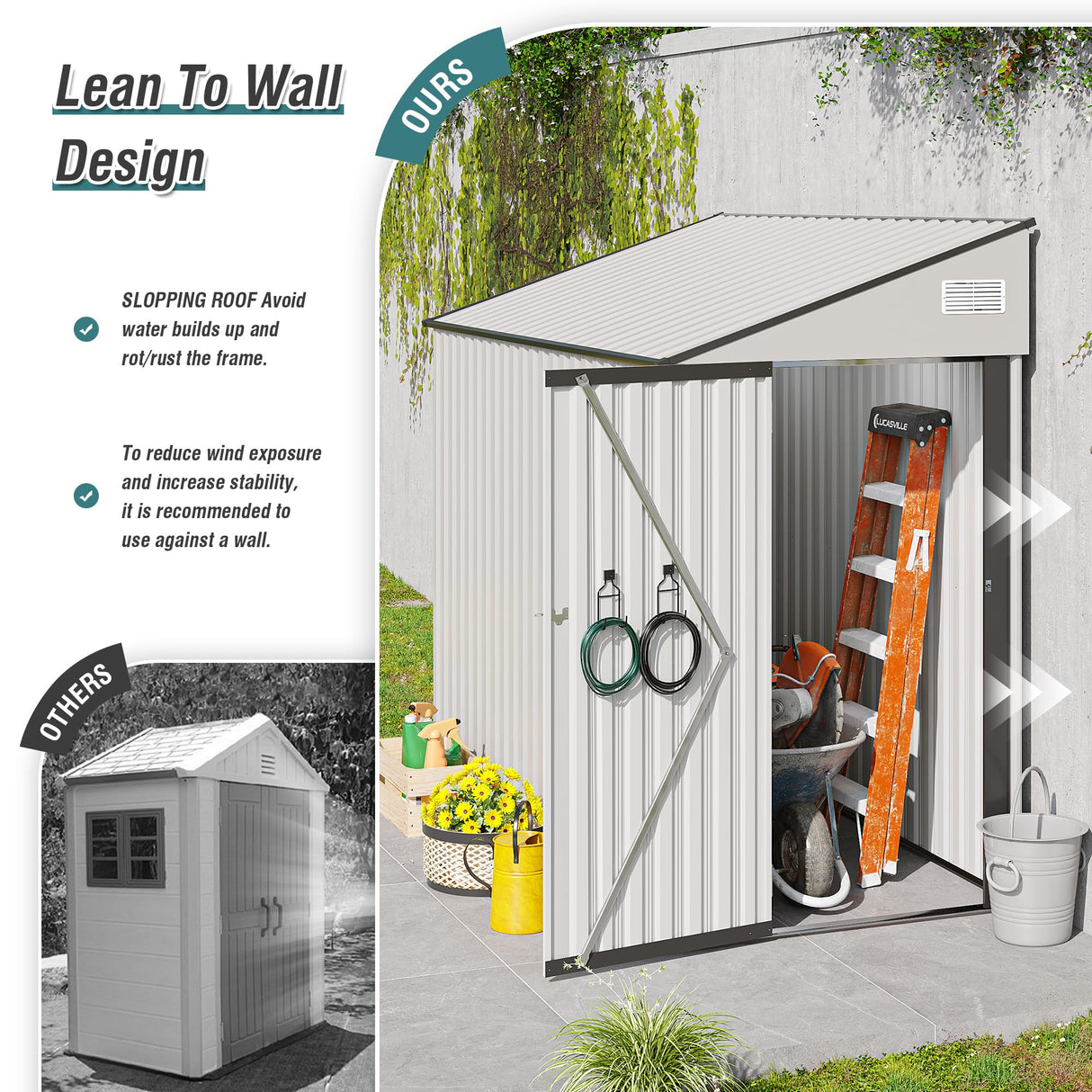 4x8 FT Outdoor Storage Shed, Metal Garden Shed with Lockable Hinged Door, Lean to Shed with 6 Air Vents, Outside Tool Shed with Sloped Roof, Waterproof Storage Building for Backyard, Patio, White BNSPLY