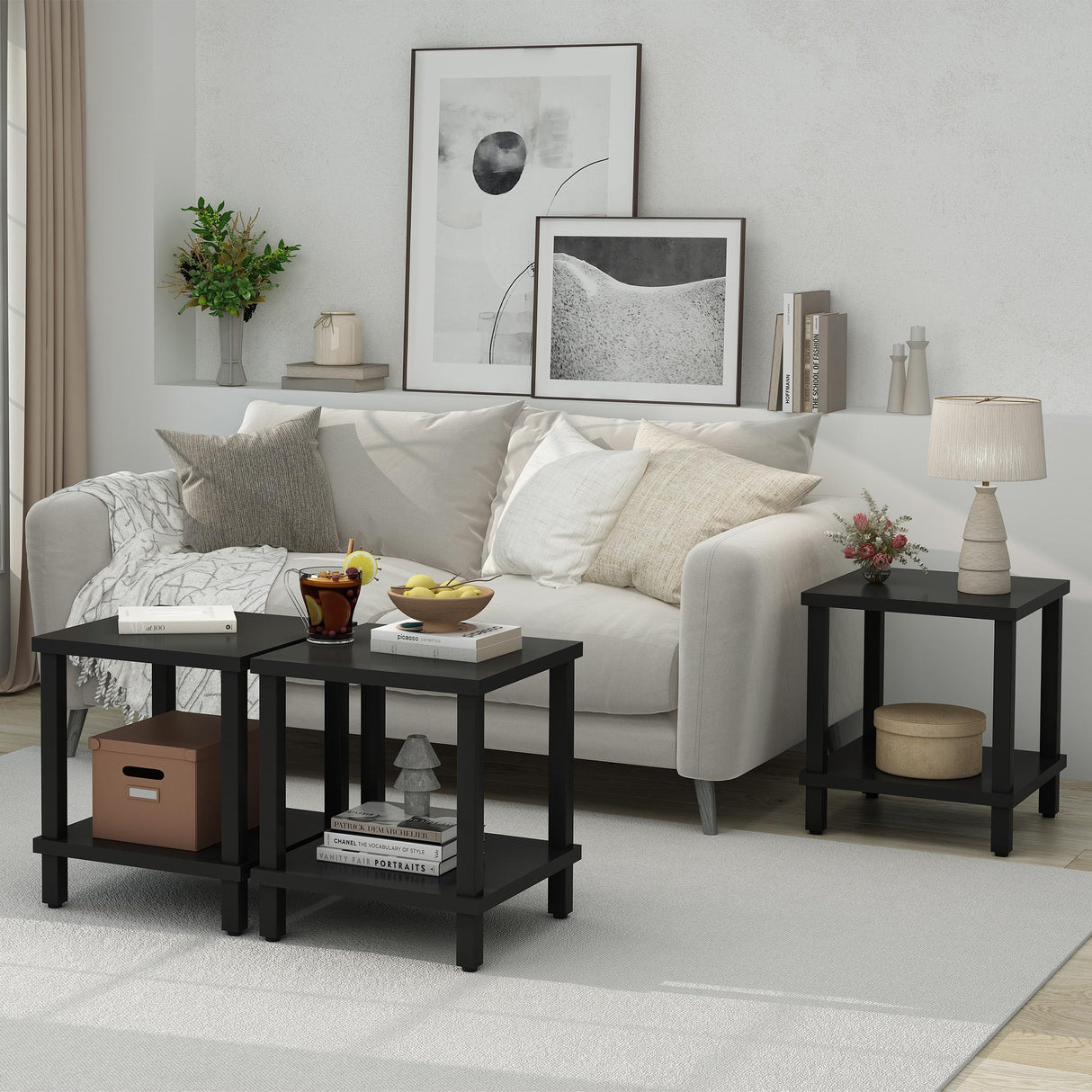 MMEOLUOOK Large End Table Square Side Table Modern Sofa Table 20 Inch Industrial Coffee Table NightStand with 2-Tier Storage Shelf for Living Room Bedroom Black MLBZ06B