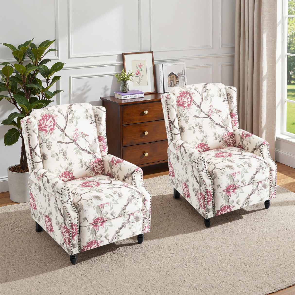 Pushback Recliner Chair Set of 2, Floral Fabric Wingback Recliner Chair, Upholstered Armchair Push Back Recliner, Rivet Trim Single Sofa Accent Chair with Wood Legs for Living Room, Plants Floral Lumibee