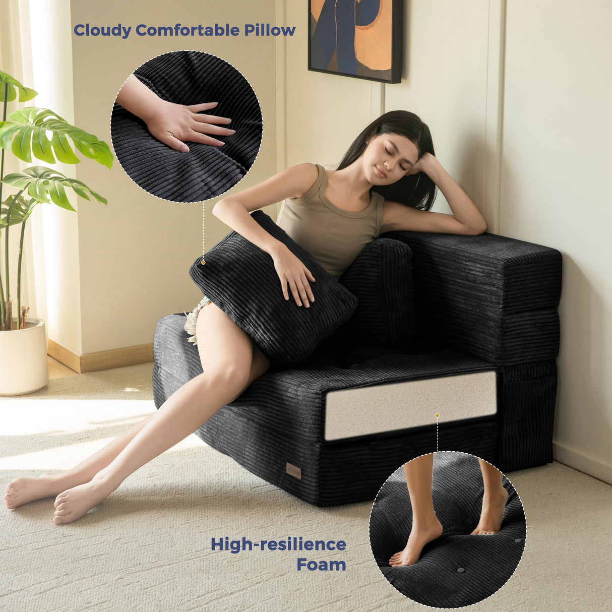 MAXYOYO Convertible Sofa Bed, Fold Out Loveseat Sleeper Sofa with Pillow, 4 in 1 Tufted Folding Couch Bed Foam Floor Couch, Lazy Chair for Living Room Bedroom Guest Room, Black MAXYOYO