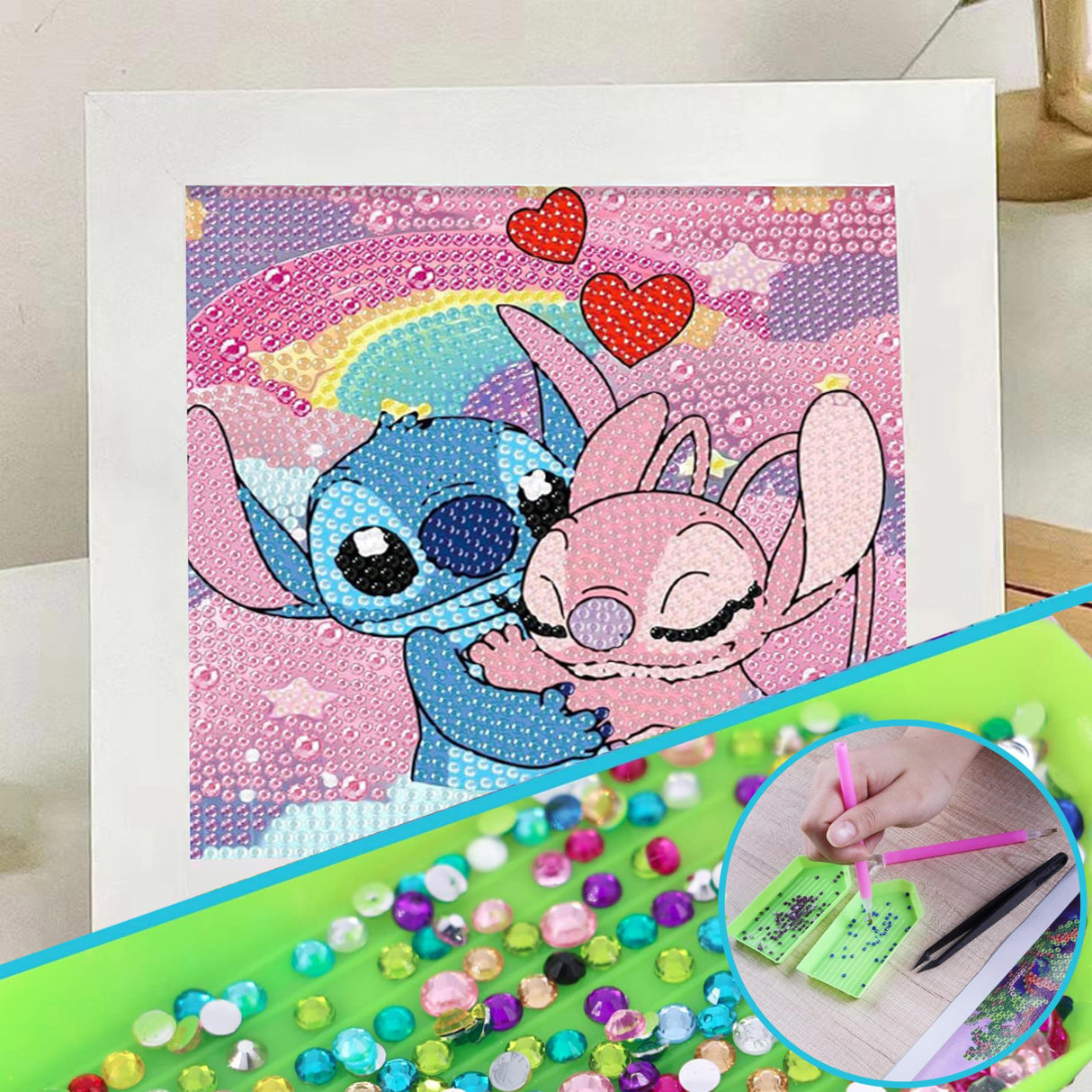 USACRAFT Cute Diamond Painting Kits Large 7x7 Natural Wooden Frame, Pre-Mounted Canvas, Sparkling Crystal Gems, Pen, Arts & Crafts Tray, Gum. Famous Characters, Adorable Animals (ST.Love) USACRAFT
