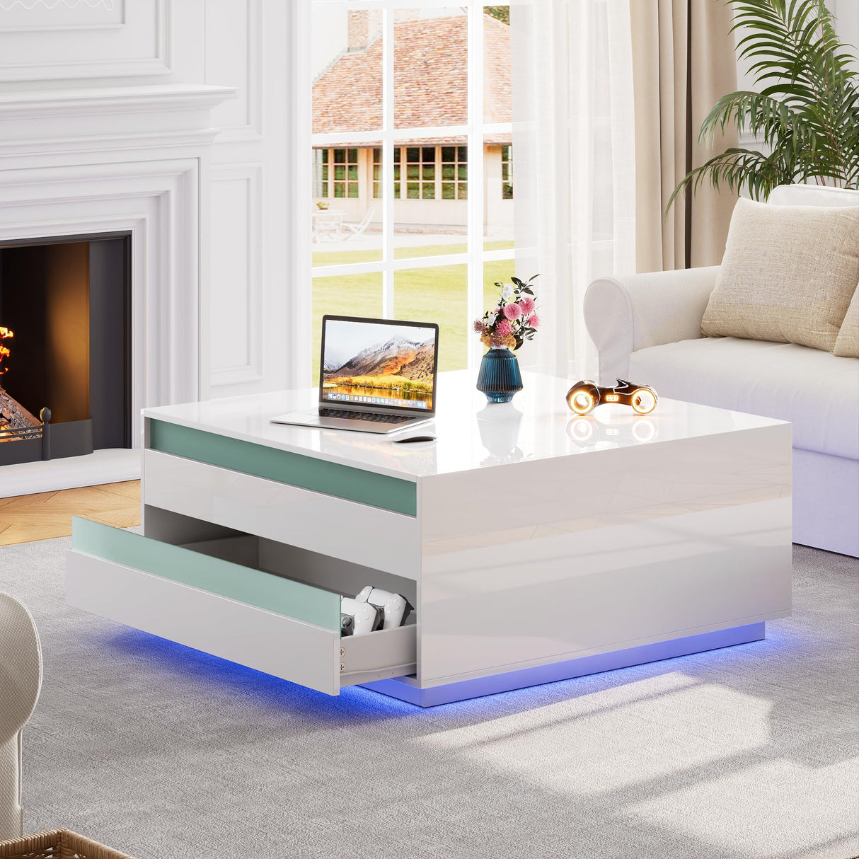 High Gloss Coffee Table with Storage,White Square Lift Top Coffee Tables with LED & Flip Lid, Small Modern Coffee Table for Living Room with Drawer HAIOOU