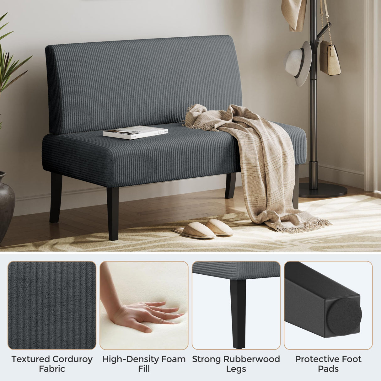 Yaheetech Small Mini Sofa Couch Armless Loveseat Futon for Bedroom, Corduroy Fabric & Easy Assembly, for Small Spaces Living Room,Dorm,Office,Apartment, Dark Grey Yaheetech