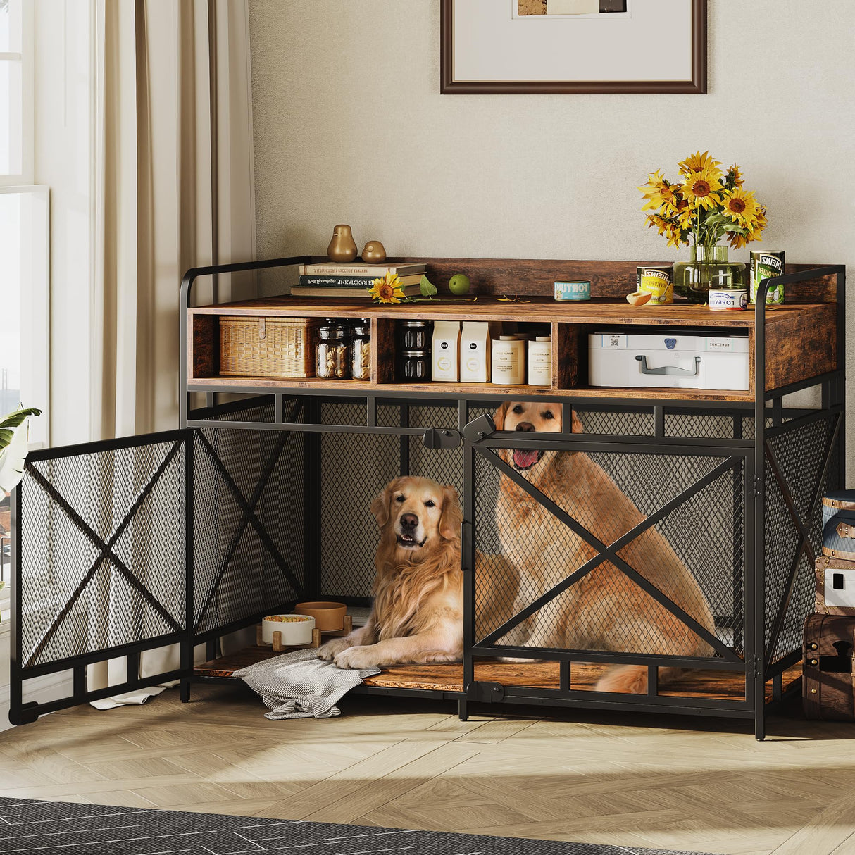 Fulhope Dog Crate Furniture,Wooden Dog Crate End Table,48 Inch Dog Kennel with Drawers,Heavy Duty Dog Crate,Decorative Pet Crate Dog Cage for Indoor Use (Rustic Brown) Fulhope