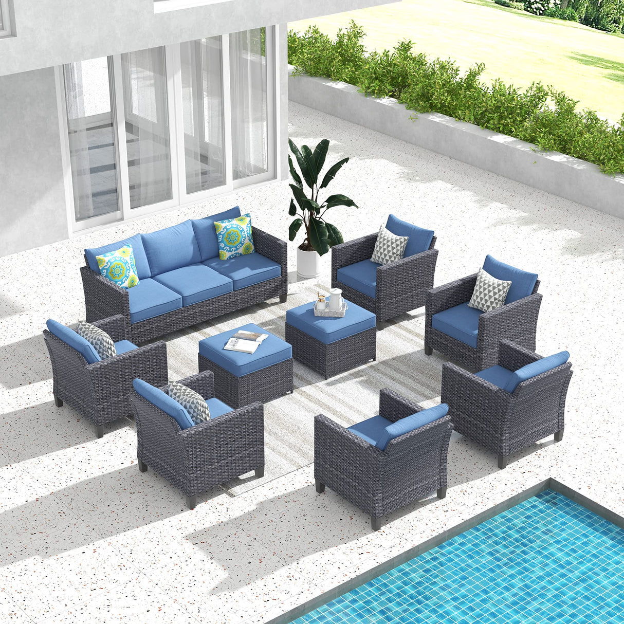 ovios Patio Furniture Set, 9 Pieces Outdoor Wicker Rattan Sofa Couch with 6 Chairs, Ottomans and Comfy Cushions, All Weather High Back Conversation Set Garden Backyard, Denim Blue ovios