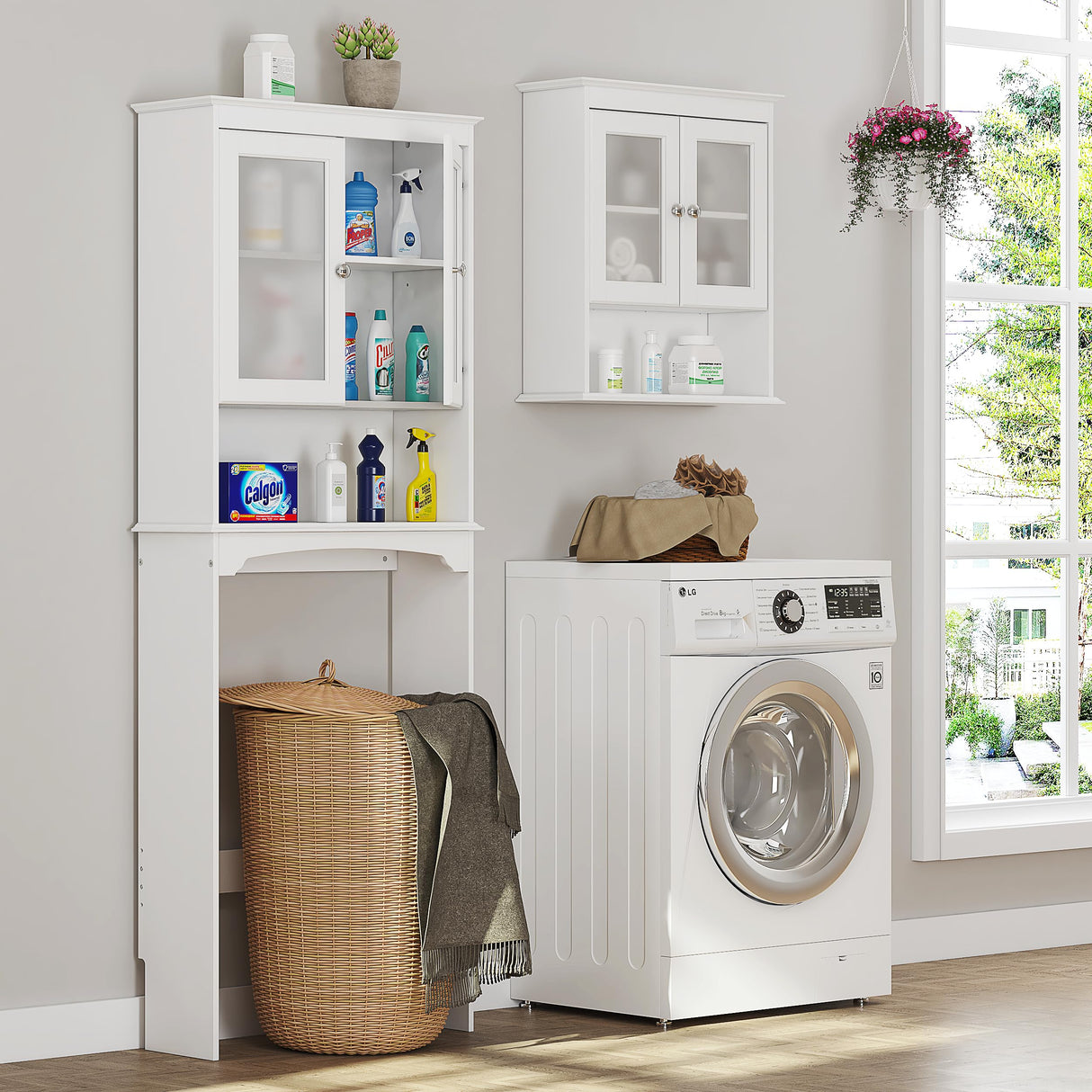 Spirich Over The Toilet Storage Cabinet, Above Toilet Storage Shelf with Glass Doors, Behind Toilet Bathroom Organizer, White Spirich