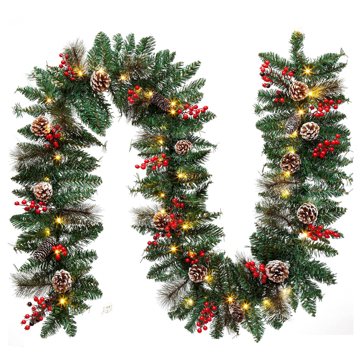 9FT Christmas Garland Decoration ,Battery Operated Lighted Garland with Pine Cones Red Berries Lush Branches,50 LED Lights 8 Modes,Christmas Decorations JGIRL