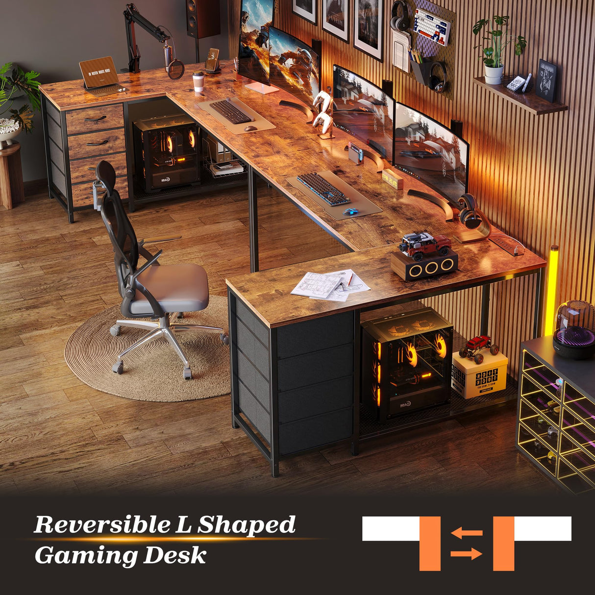 PRAISUN 53" L Shaped Desk with Power Outlets and USB-C Port, Reversible Computer Corner Office Desk with 4 Fabric Drawers and 2 Height-Adjustable Shelves, Large for Gaming Writing Study, Rustic Brown PRAISUN