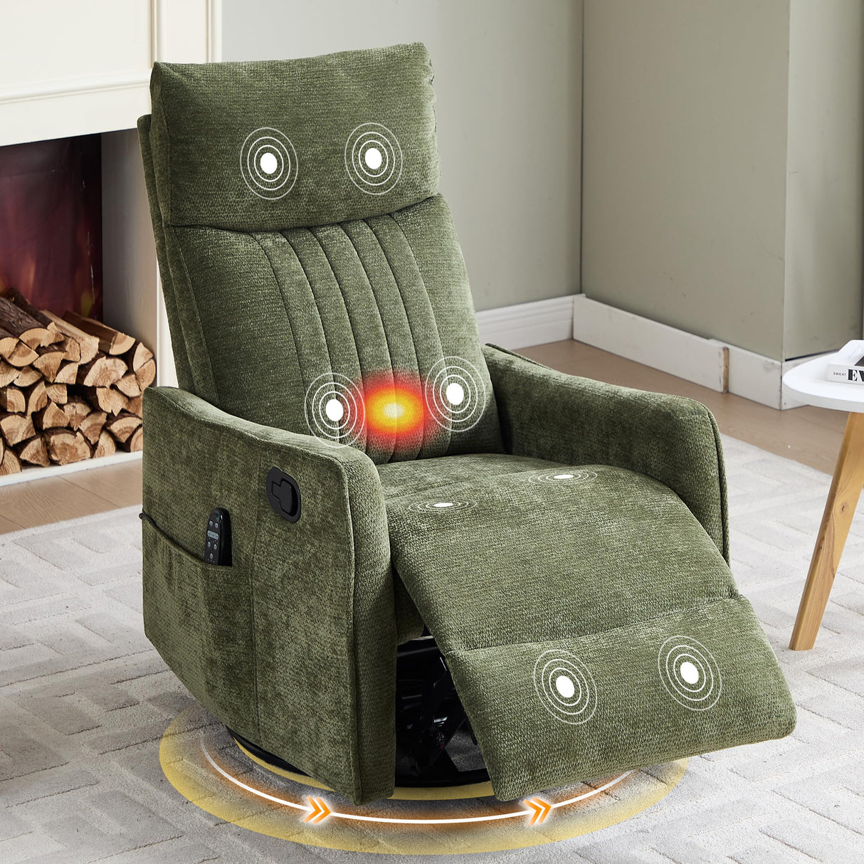Manual Swivel Rocker Recliner Chair for Adults, Overstuffed Glider Chair for Nursery with Massage and Heat, Living Room Reclining Chair, Fabric Green Luxlen