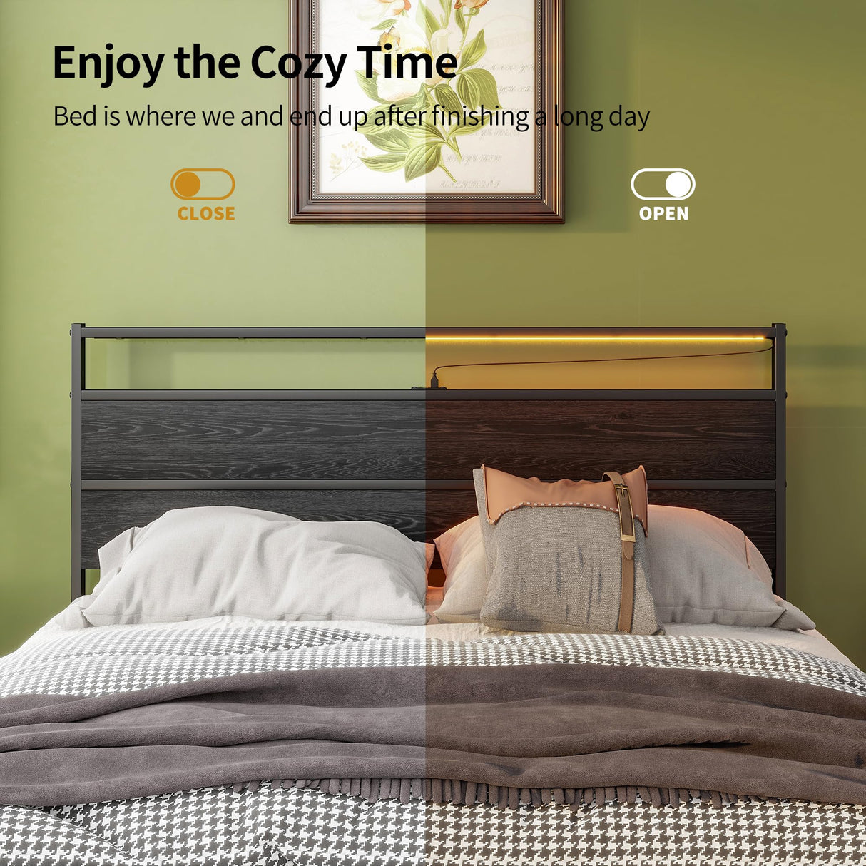 Full Size HOJINLINERO Bed Frame with Wood Headboard, LED Lights & Charging Station HOJINLINERO