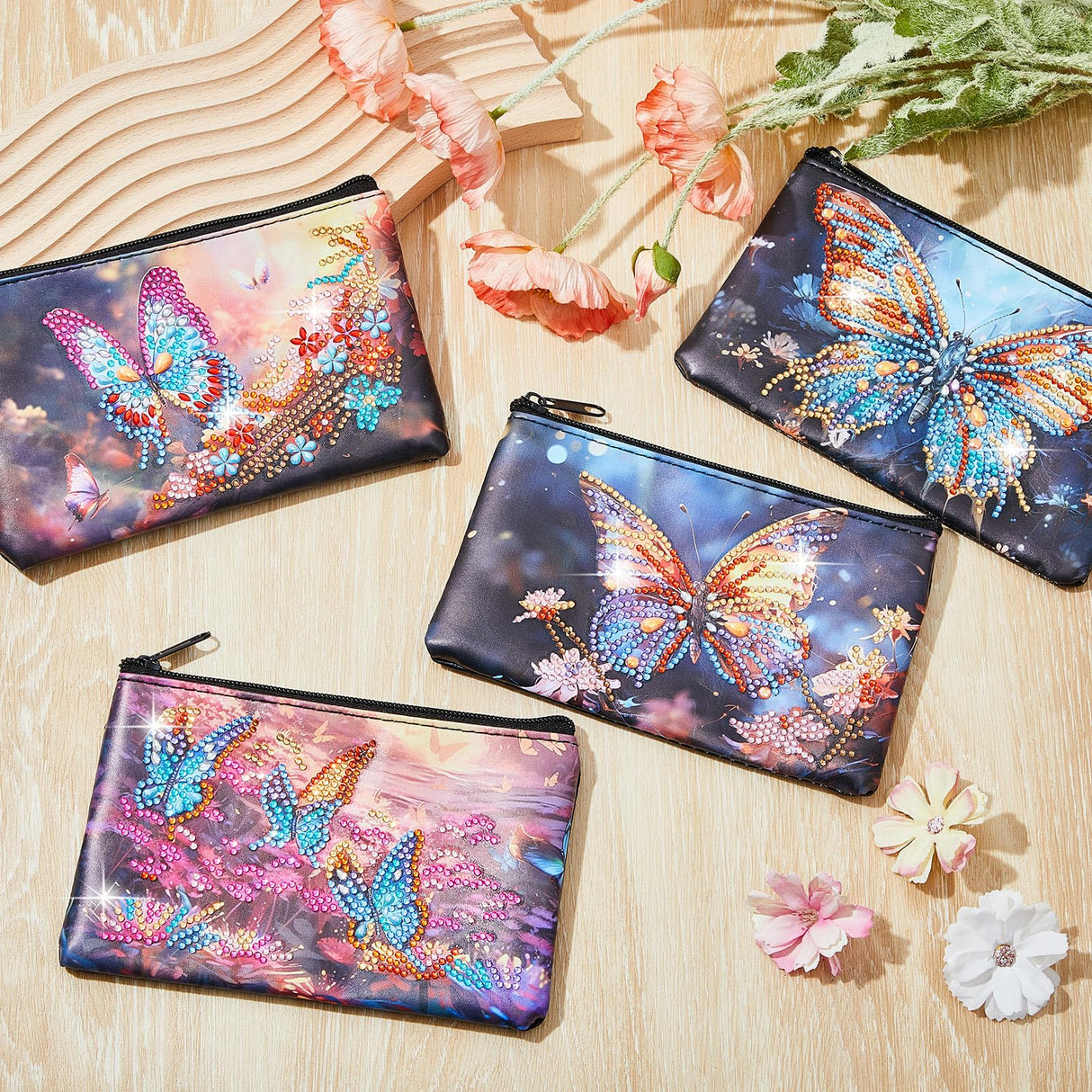 Silkfly 4 Pcs Diamond Painting Art Makeup Bags DIY Purses Toiletry 5d Handmade Double Design Diamond Painting Cosmetic Bags Bulk with Zipper Rhinestone Accessories for Women(Butterfly) Silkfly