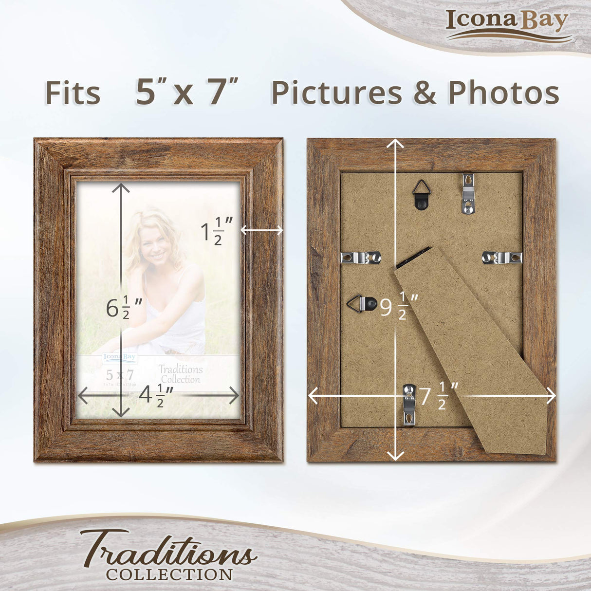 Icona Bay 5x7 Chestnut Brown Picture Frame, Rustic Wood Pattern, Lightly Distressed Frame for Table Top Display or Wall Mount, Traditions Collection Icona Bay
