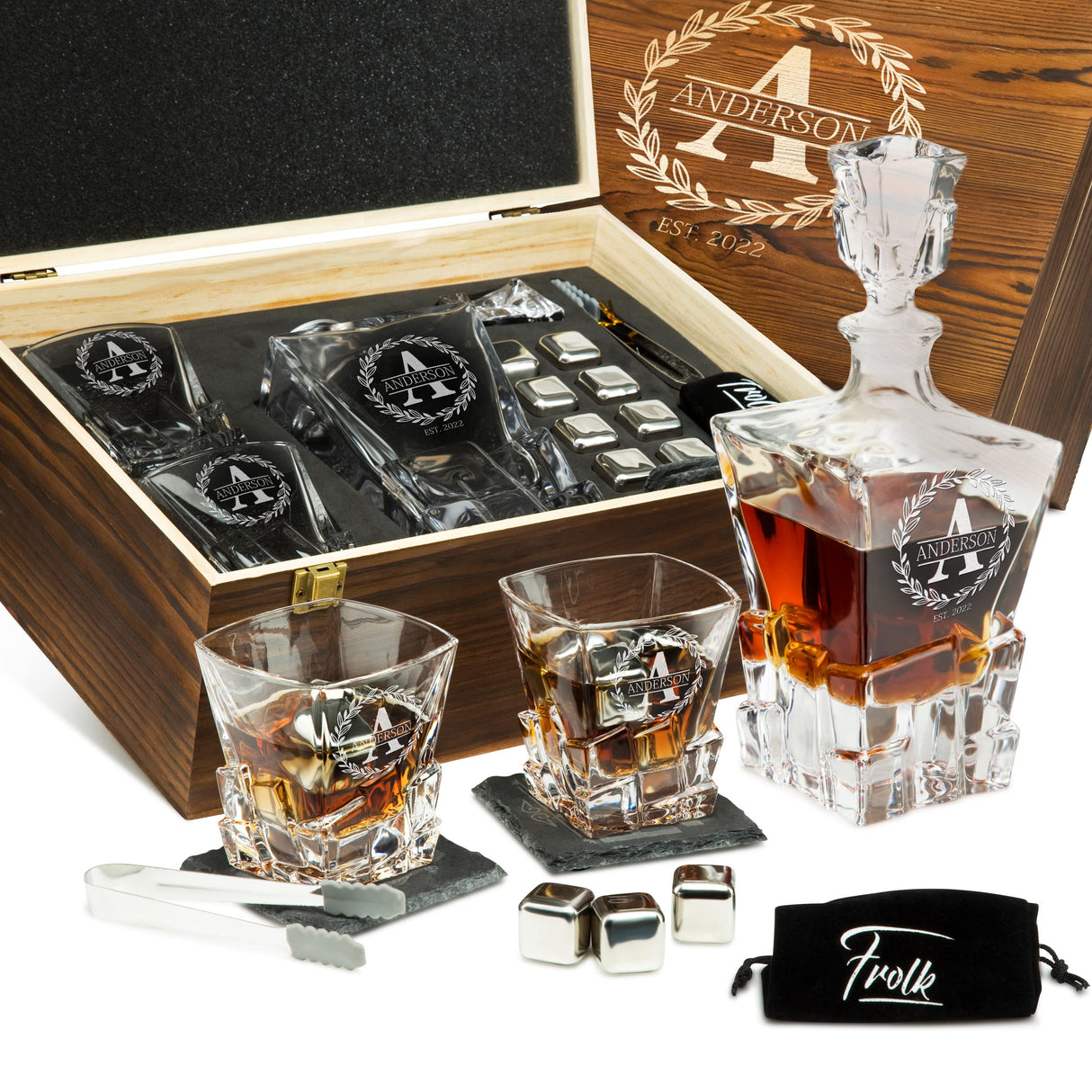 Personalized Whiskey Decanter and Stones Set - Customized Gift for Men, Dad, Father - Engraved Rocks Whiskey Decanter, 2 XL Glasses, 8 Whisky Cubes, Frolk