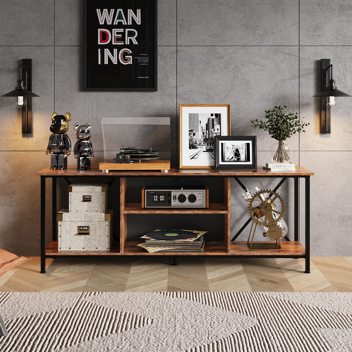 WLIVE TV Stand up to 65 Inch TV, 55" Entertainment Center, Industrial TV Console with Open Storage Shelf for Living Room and Bedroom, Rustic Brown WLIVE