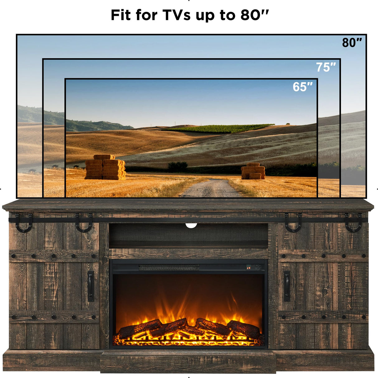 OKD Fireplace TV Stand for 75 80 Inch TV, Farmhouse Entertainment Center with Sliding Barn Doors, Rustic Media Console Table with Storage Cabinets for Living Room, Dark Rustic Oak OKD