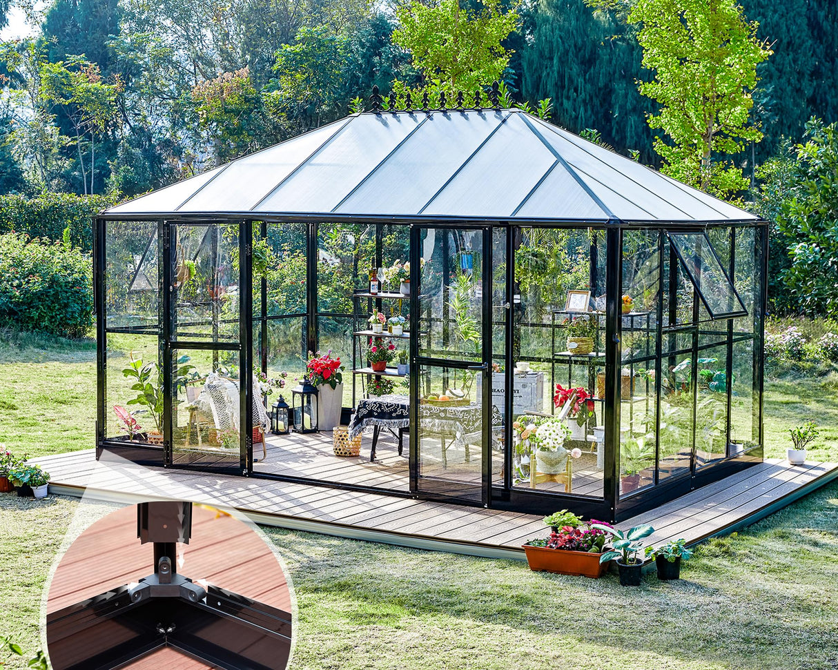 AMERLIFE 14x9.5x9 FT Hybrid Polycarbonate Greenhouse Quick Connector Fast Assembly, Swing 2 Doors Clear Panels, Walk-in Large Aluminum Greenhouse Winter Greenhouse for Outdoors, Black AMERLIFE