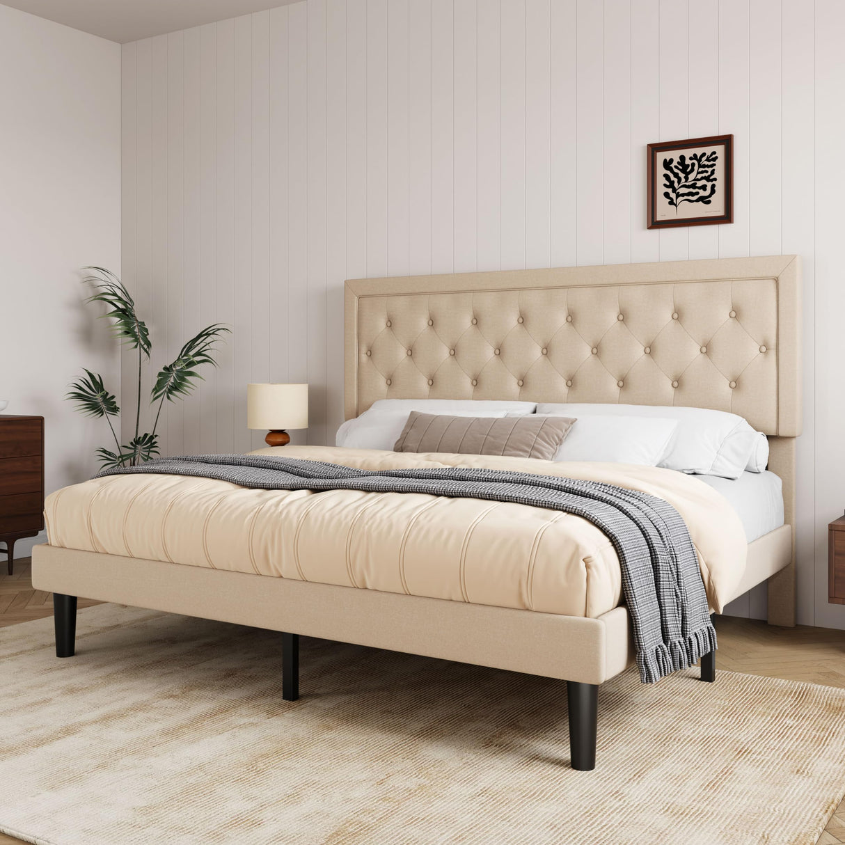 Allewie King Size Fabric Upholstered Bed Frame with Diamond Button Tufted/Adjustable Headboard/Wood Slat Support/Mattress Foundation/Beige Allewie