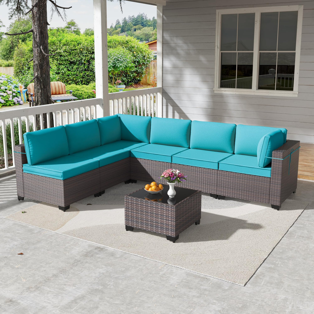 Kullavik 7 Pieces Outdoor Patio Furniture Set,Wicker Outdoor Sectional Sofa,All-Weather Patio Conversation Sets with Washable Thick Cushions & Coffee Table for Garden,Backyard,Balcony,Porch,Blue Kullavik