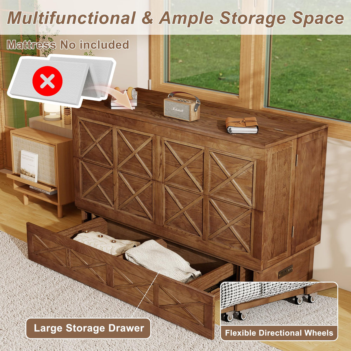 Keloyid Solid Wood Murphy Bed Cabinet:Queen Size Murphy Bed with USB Charging Station and Large Storage Drawer for Home,Optimize Sleeping Space(Mattress Not Included) Khaki-23 Keloyid