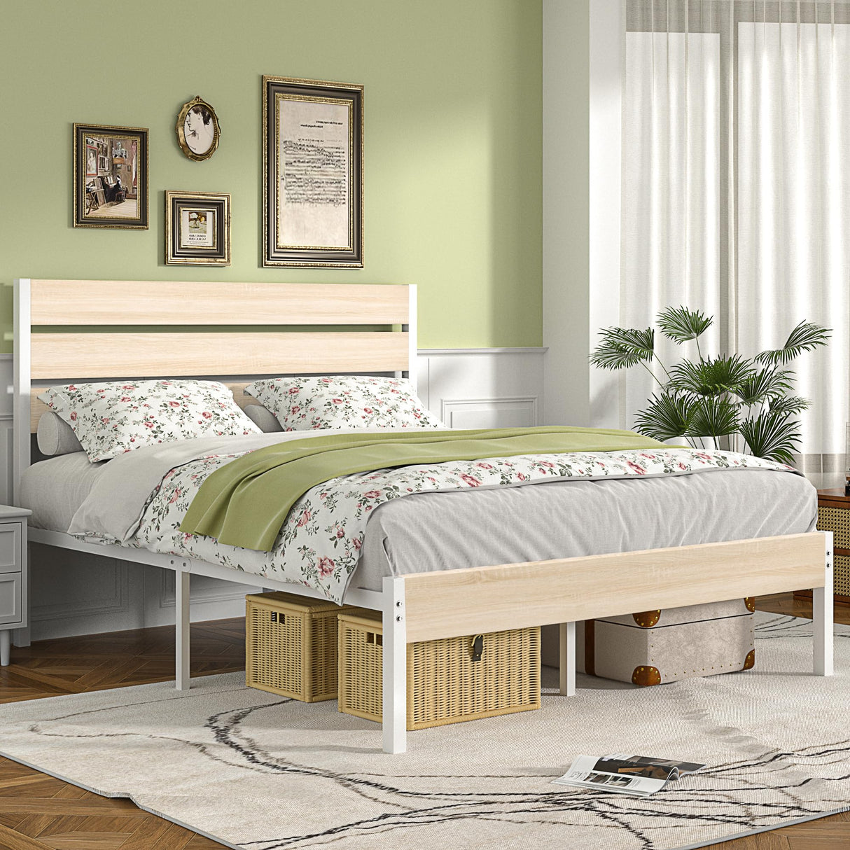 VECELO Full Bed Frame with Wooden Headboard and Footboard, Heavy-Duty Platform Frames with Metal Slats Support System, 12 inch Under-Bed Storage, No Box Spring Needed, Natural Maple VECELO
