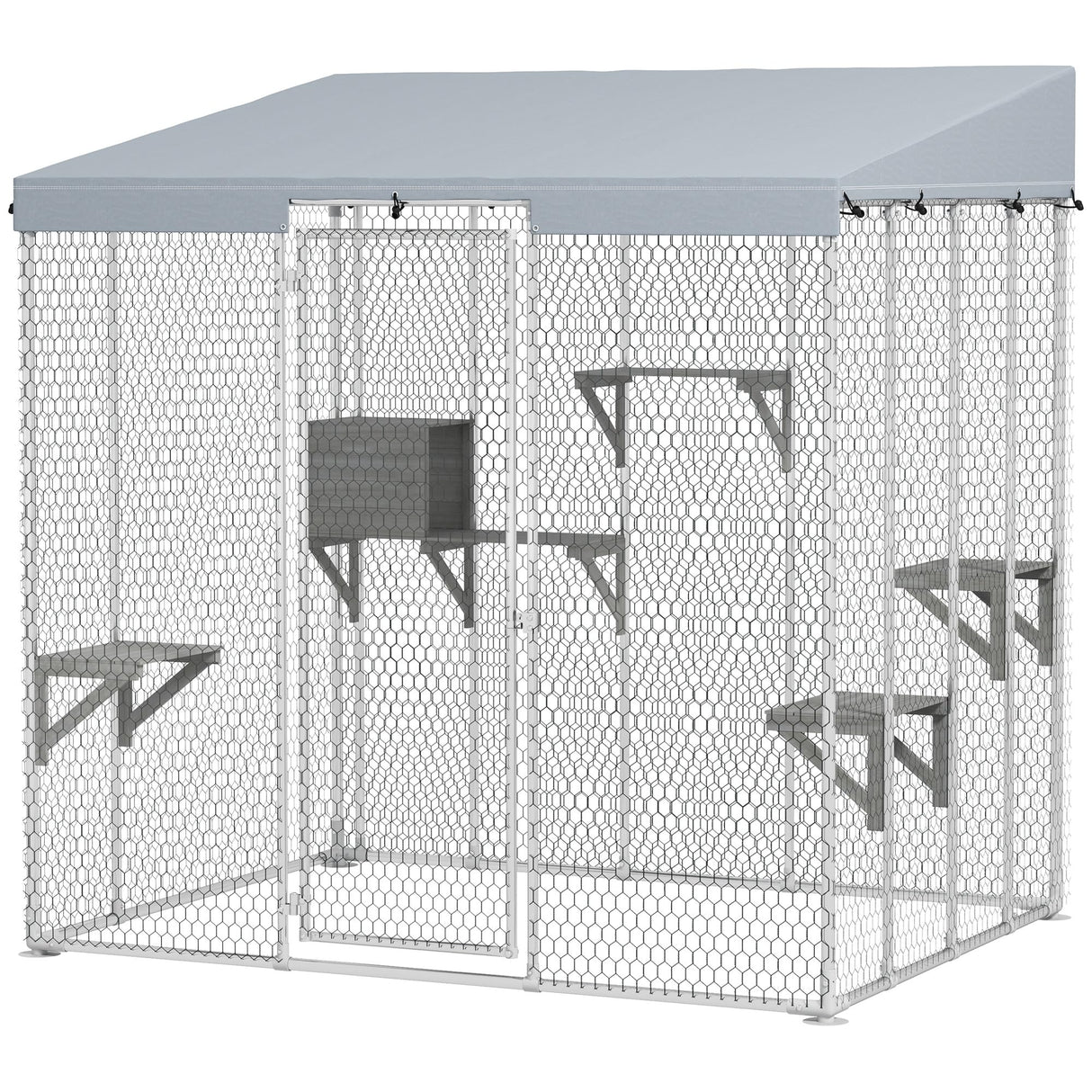 PawHut 79" Large Catio Outdoor Cat Enclosure, Galvanized Steel Outdoor Cat House with 420D Waterproof Canopy for 1-3 Large Cat, Walk-in Cat Cage with Sleeping Box, Jumping Platforms, Silver PawHut