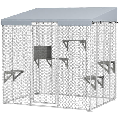 PawHut 79" Large Catio Outdoor Cat Enclosure, Galvanized Steel Outdoor Cat House with 420D Waterproof Canopy for 1-3 Large Cat, Walk-in Cat Cage with Sleeping Box, Jumping Platforms, Silver
