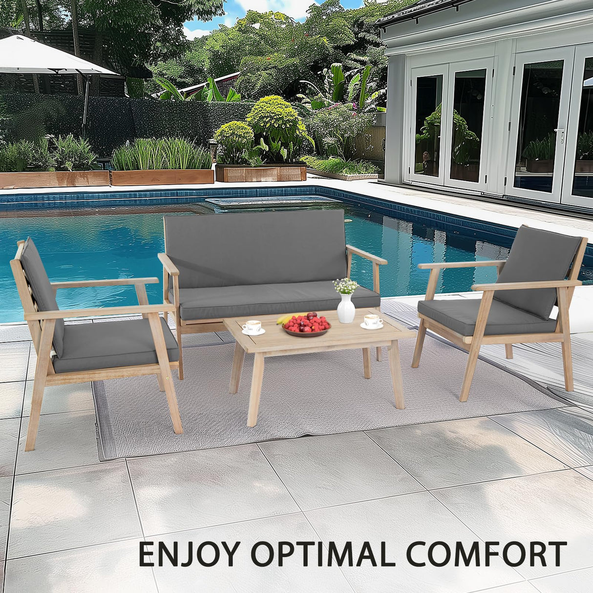 VINGLI Outdoor Patio Furniture, 4 Piece Acacia Wood Sofa Set w/Coffee Table, Patio Table and Chairs Set for Deck, Balcony, Backyard (Light Natural) VINGLI