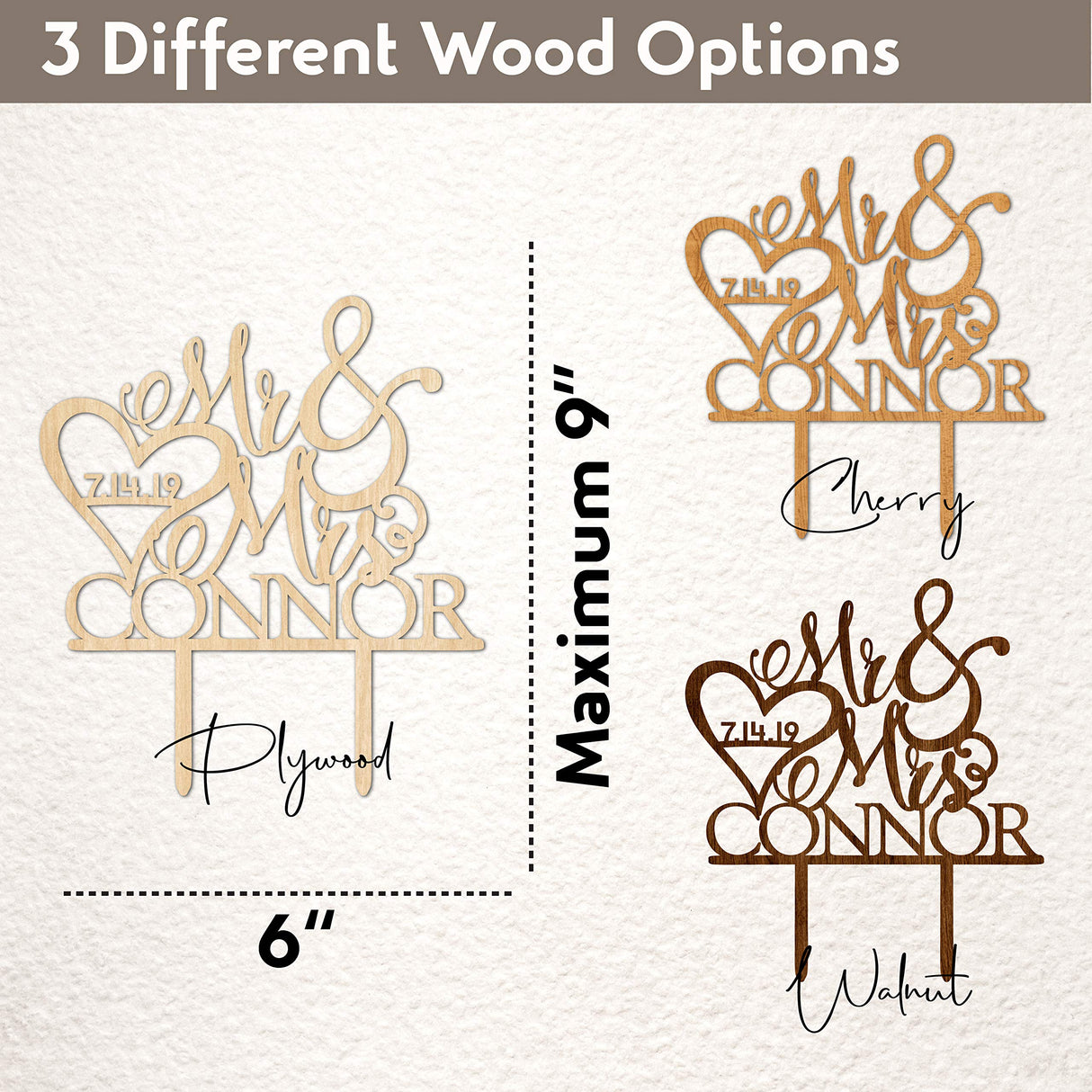 Personalized Mr Mrs Cake Topper - Wedding Cake Toppers w/Last Name and Date - Custom Wooden Cake Decorations, Wedding Cake Topper for Bride and Groom | 3 Wooden Options Customization Mill