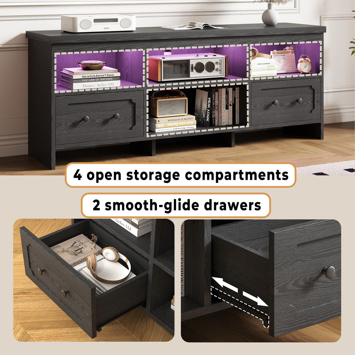 IRONCK TV Stand for 65 Inch TV, 55" LED Entertainment Center with Storage Cabinets, Power Outlets and Open Shelf, Media Console TV Cabinet with Drawers for Living Room, Black IRONCK