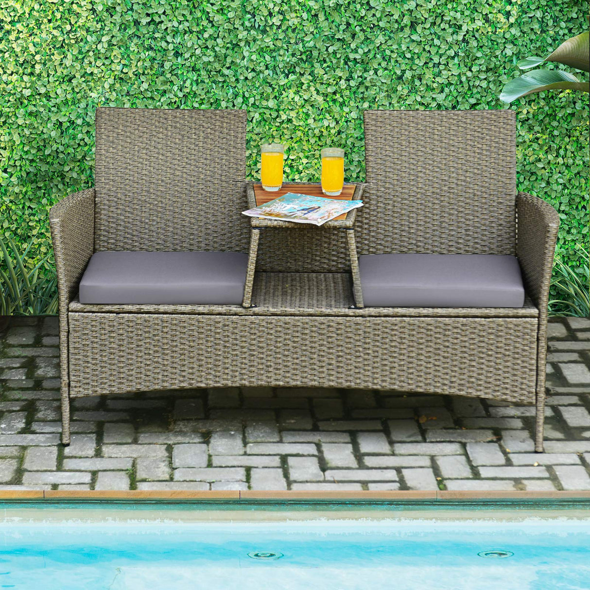 Tangkula Outdoor Rattan Loveseat, Patio 2-Person Wicker Conversation Set w/Cushion, Modern Wicker Sofa Set with Built-in Acacia Wood Tabletop & Storage Space for Backyard Poolside Lawn (Grey) Tangkula
