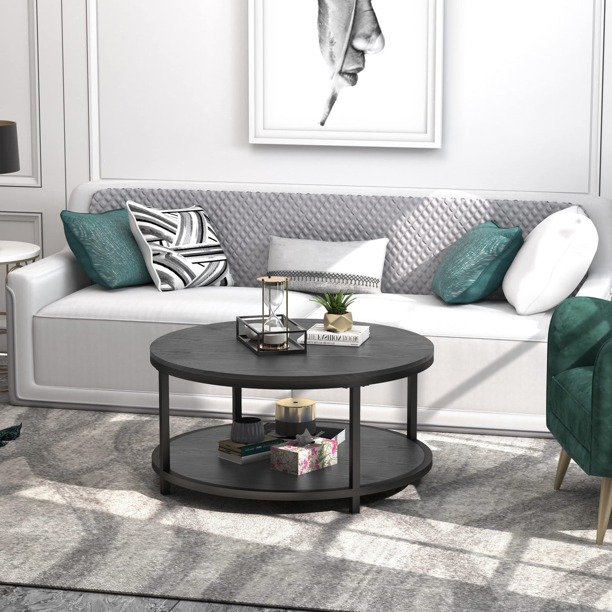 WiberWi Rustic Industrial 35.8" Round Coffee Table with Storage Shelf and Sturdy Metal Legs, Easy Assembly WiberWi