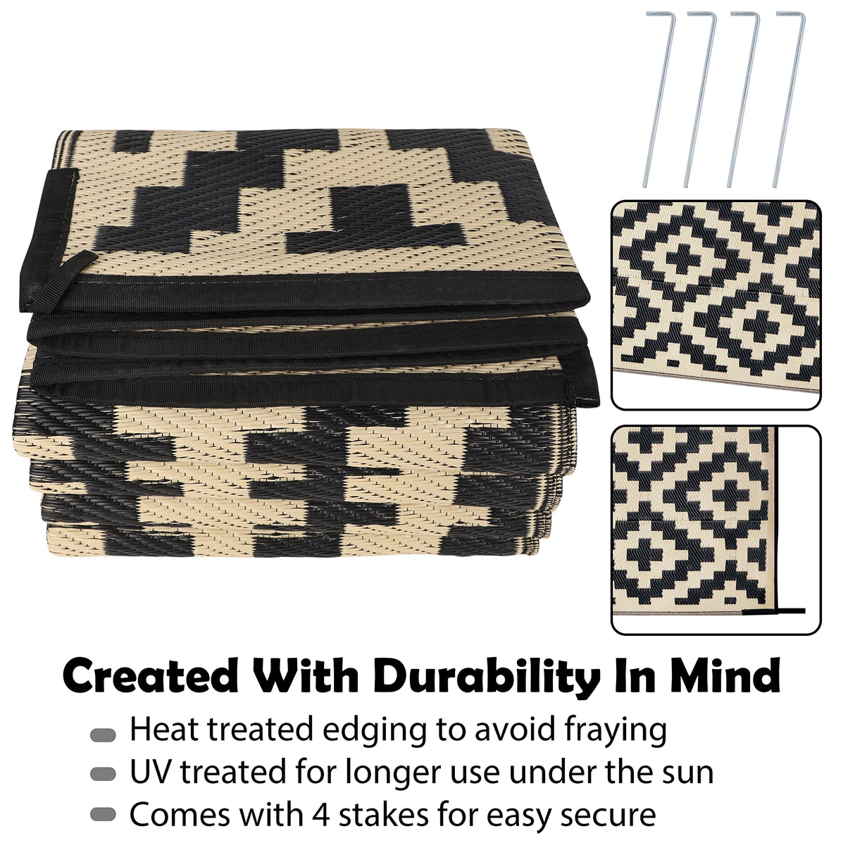 SAND MINE Reversible Mats, Plastic Straw Rug, Modern Area Rug, Large Floor Mat and Rug for Outdoors, RV, Patio, Backyard, Deck, Picnic, Beach, Trailer, Camping, Black & Beige, 6' x 9' SAND MINE